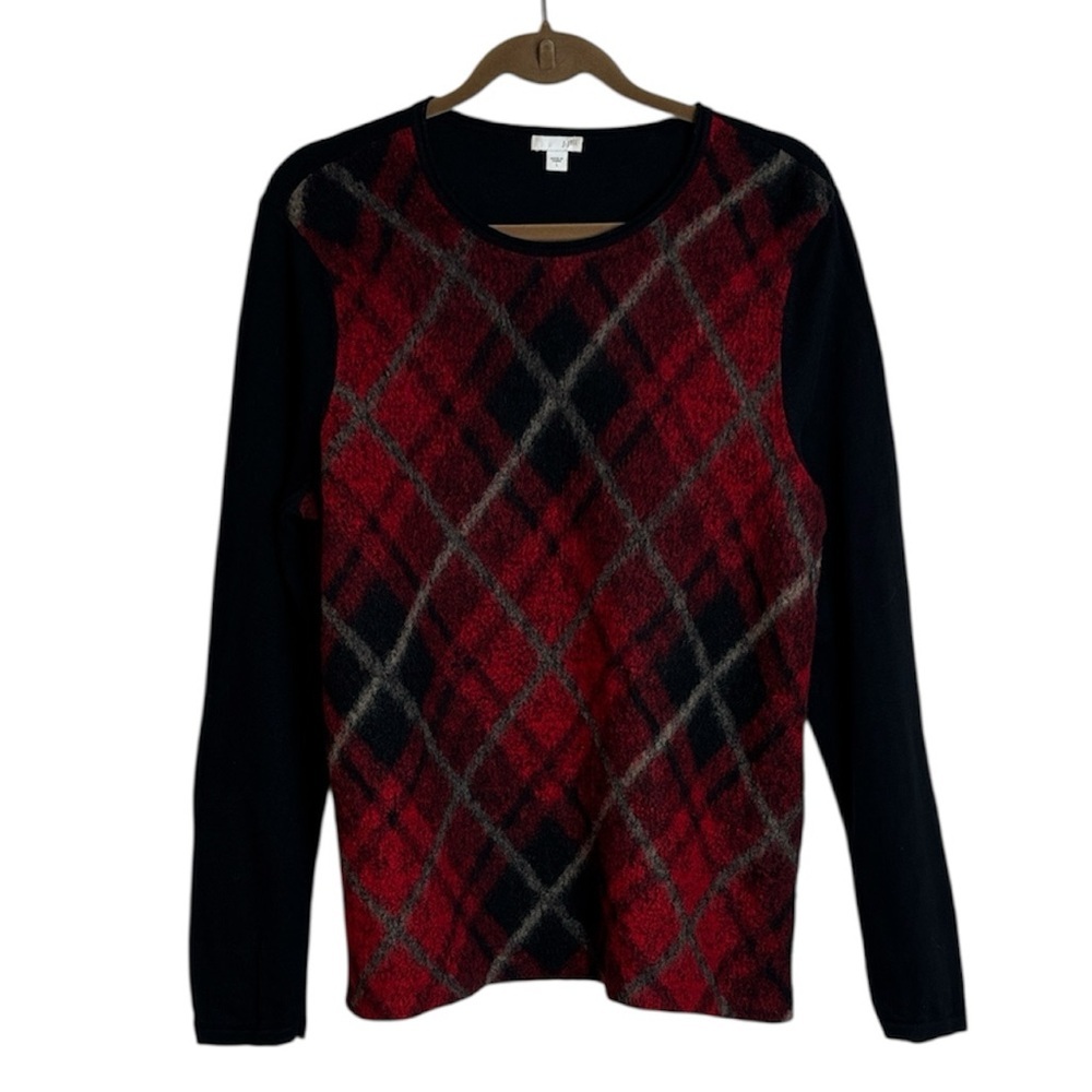 J. Jill Sweater Large Angora Look Fuzzy Argyle Red Black